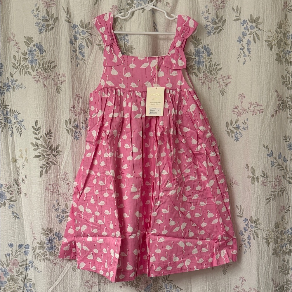 Rachel Riley Pink Flamingo Bow-Shoulder Dress